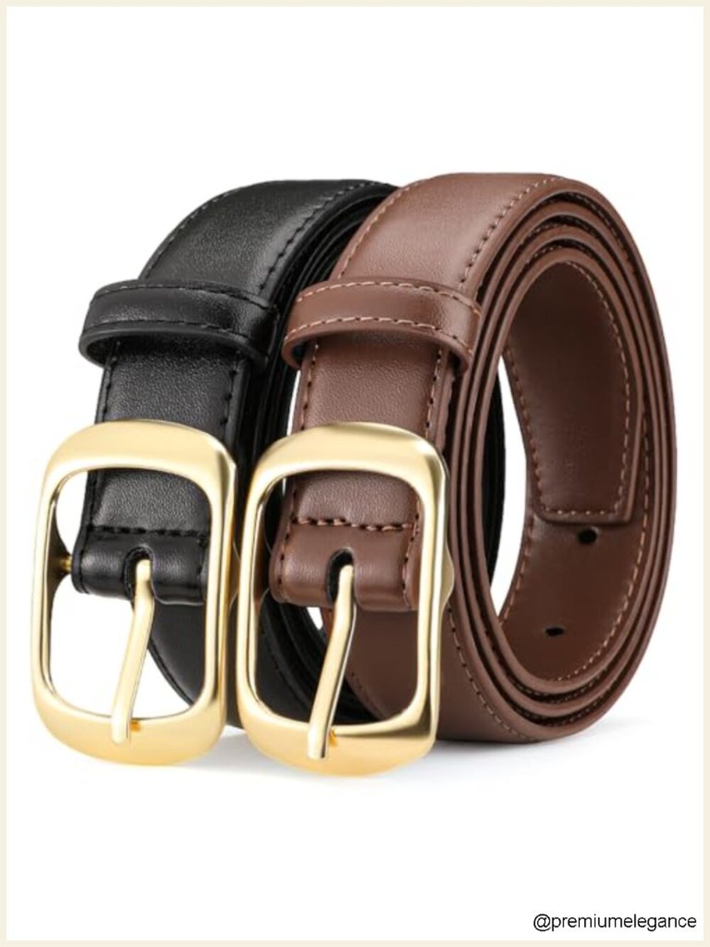 2 Pack Women's Faux Leather Belt with Gold Buckle for Jeans Pin Buckle